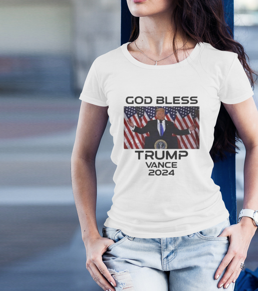 God Bless Trump Vance 2024 Patriotic Campaign American Flags T-Shirt