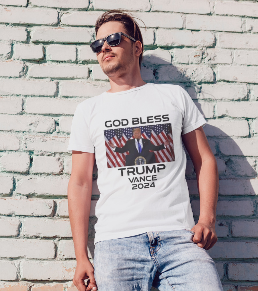 God Bless Trump Vance 2024 Patriotic Campaign American Flags T-Shirt