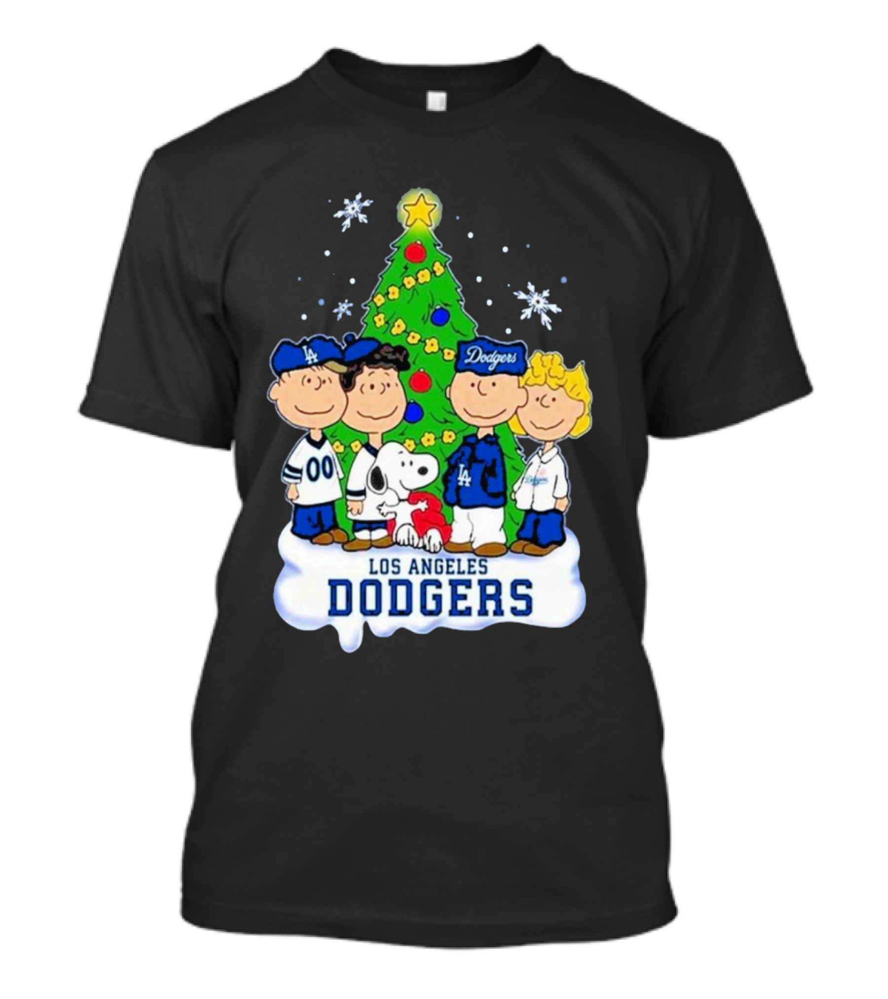 Christmas With Snoopy Los Angeles Dodgers Peanuts Characters And Tree T-Shirt
