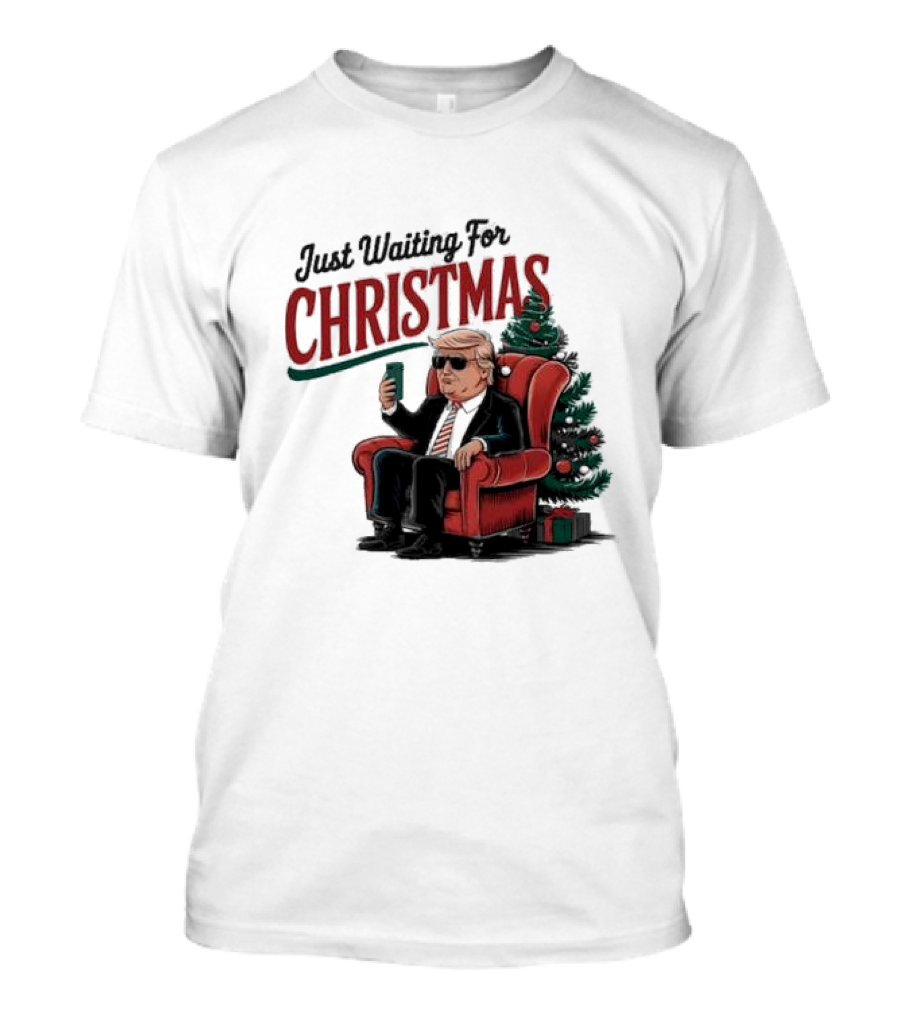 Just Waiting For Christmas Trump In Chair With Christmas Tree T-Shirt