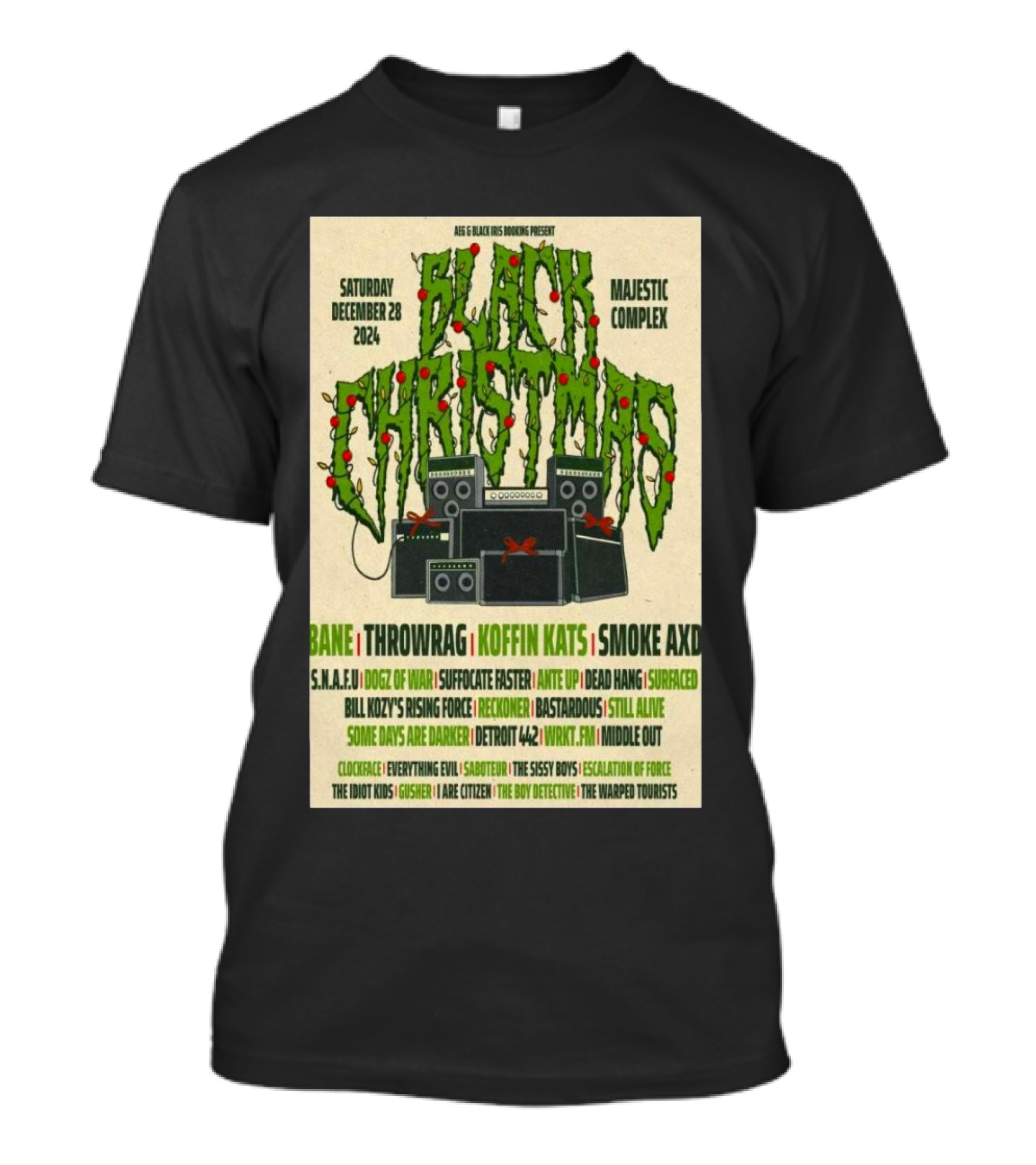 Black Christmas Majestic Complex Dec 28 2024 Bane Throwrag Koffin Kats Smoke Axd With Amplifier Graphics T-Shirt