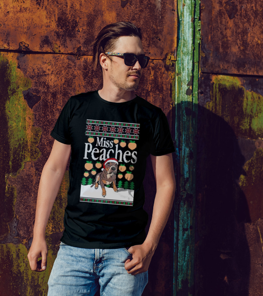 Miss Peaches Christmas Dog Holiday Sweater Peaches Trees Santa Hat T-Shirt