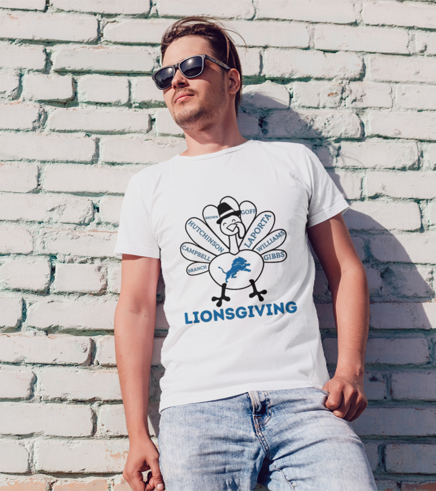Lionsgiving Thanksgiving Turkey With Detroit Lions Players Branch Campbell Hutchinson Brown Goff Laporta Williams Gibbs T-Shirt