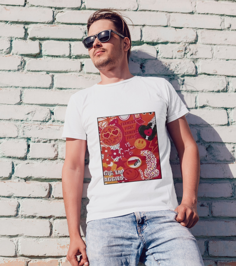 Gig 'em Aggies Farmers Fight Smiley Hearts And Floral T-Shirt