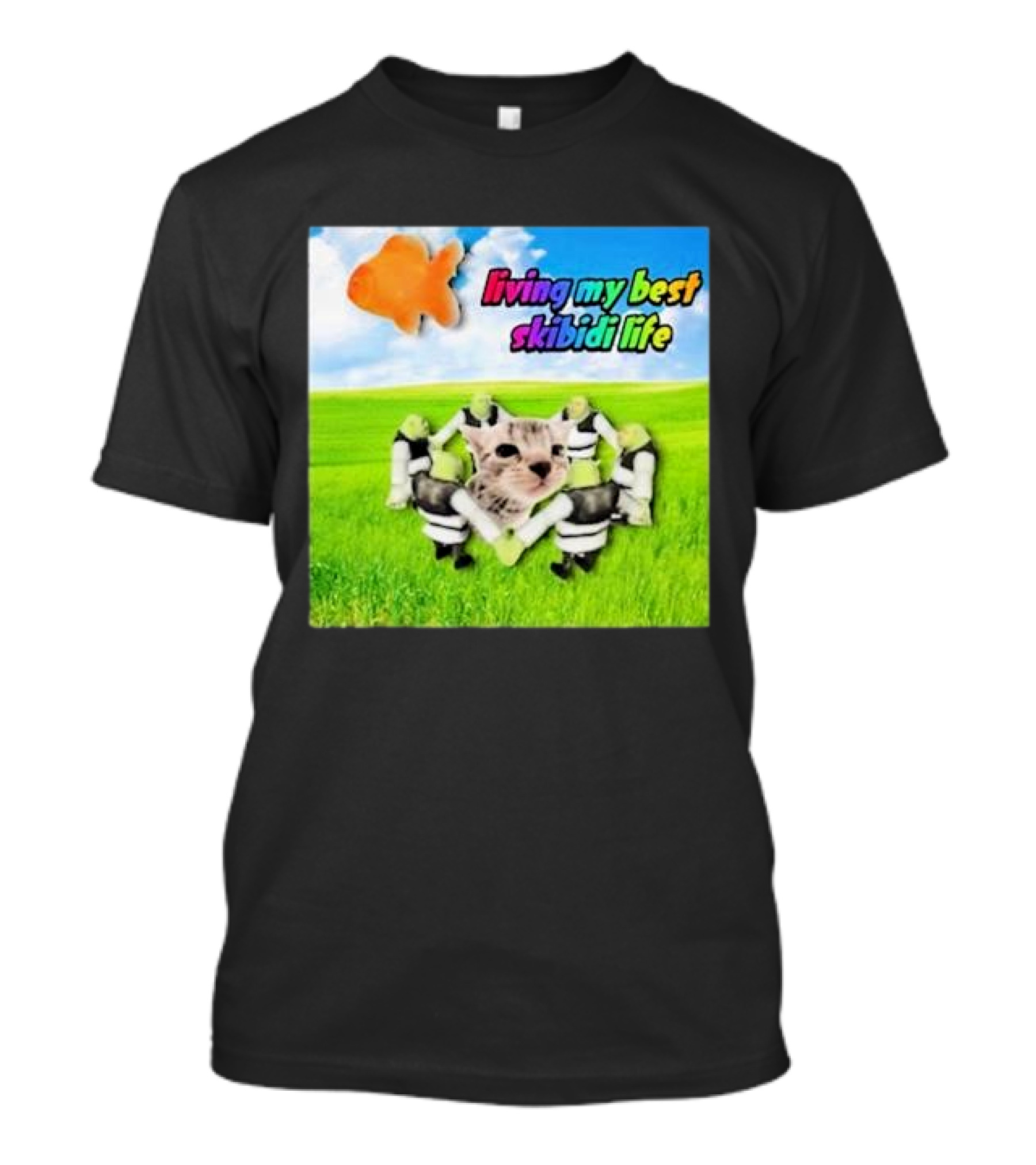 Living My Best Skibidi Life Cat And Dancing Characters With Orange Fish Cloud T-Shirt