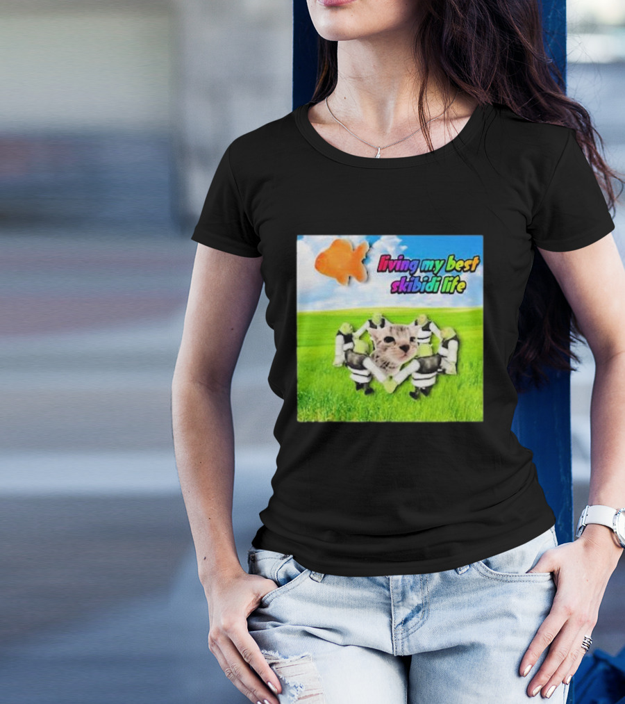 Living My Best Skibidi Life Cat And Dancing Characters With Orange Fish Cloud T-Shirt