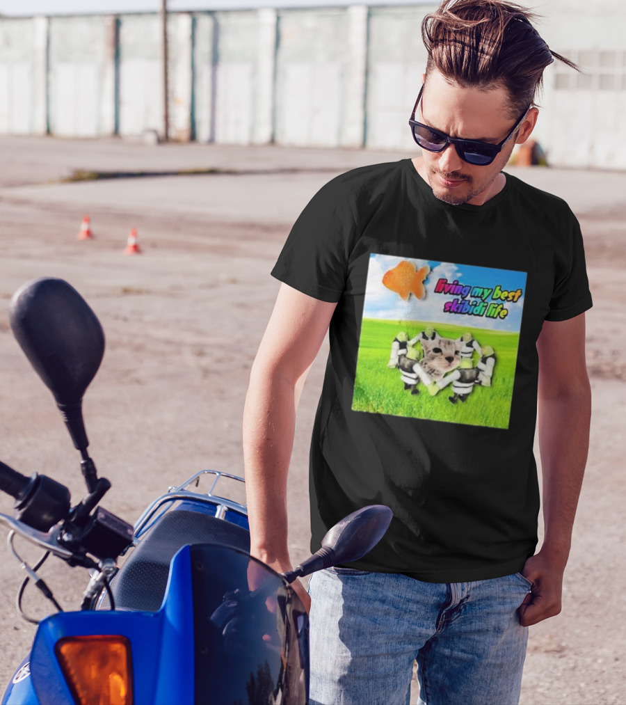 Living My Best Skibidi Life Cat And Dancing Characters With Orange Fish Cloud T-Shirt