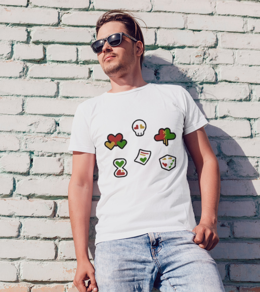 Grian 2024 Life Hearts Skull Tree Cube Time Document Icons T-Shirt