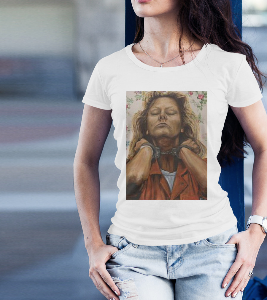 Lyndsay Grimes Aileen Mugshot Portrait With Handcuffs And Floral Background T-Shirt