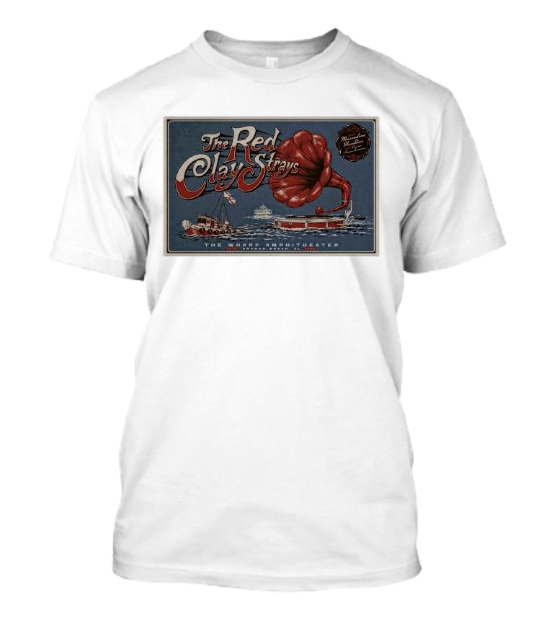 The Red Clay Strays July 4 2024 The Wharf Amphitheater Orange Beach AL Vintage Gramophone Boat Scene T-Shirt