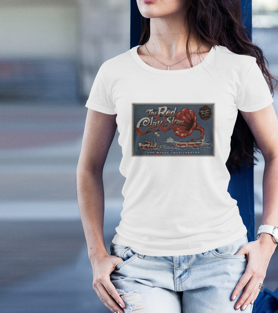 The Red Clay Strays July 4 2024 The Wharf Amphitheater Orange Beach AL Vintage Gramophone Boat Scene T-Shirt