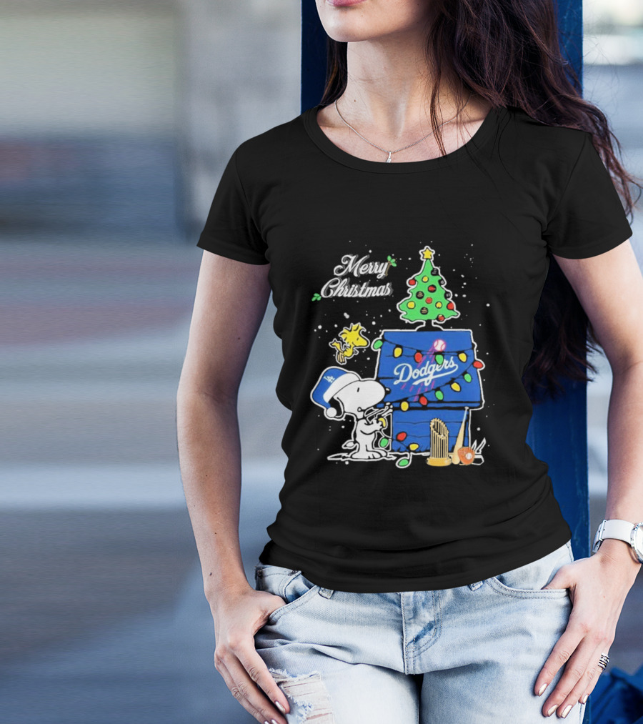 Merry Christmas Snoopy Los Angeles Dodgers Tree Lights Woodstock T-Shirt