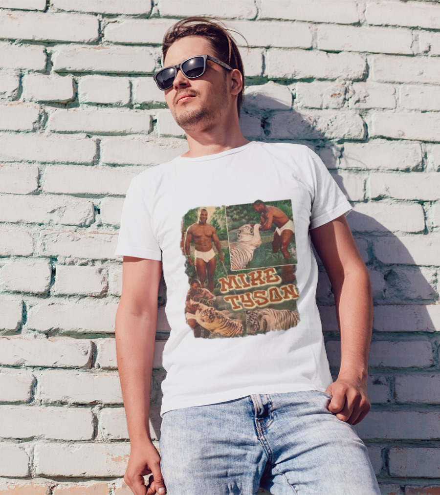 Mike Tyson With Tigers Vintage 90s Style Collage T-Shirt