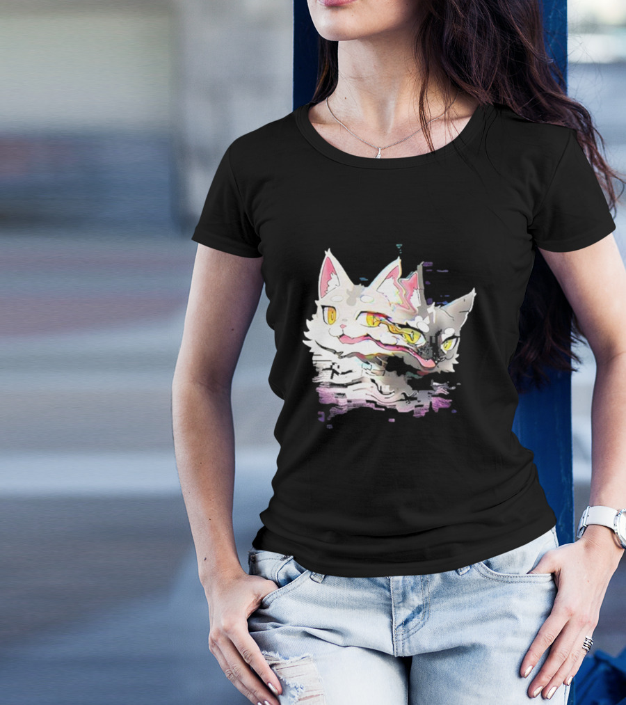 Aspen Hacked Cats 2024 Glitch Art Two-Faced Cat T-Shirt