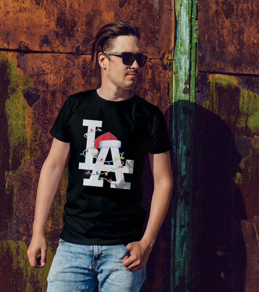 Los Angeles LA Merry Christmas Santa Hat Lights Holiday 2D T-Shirt