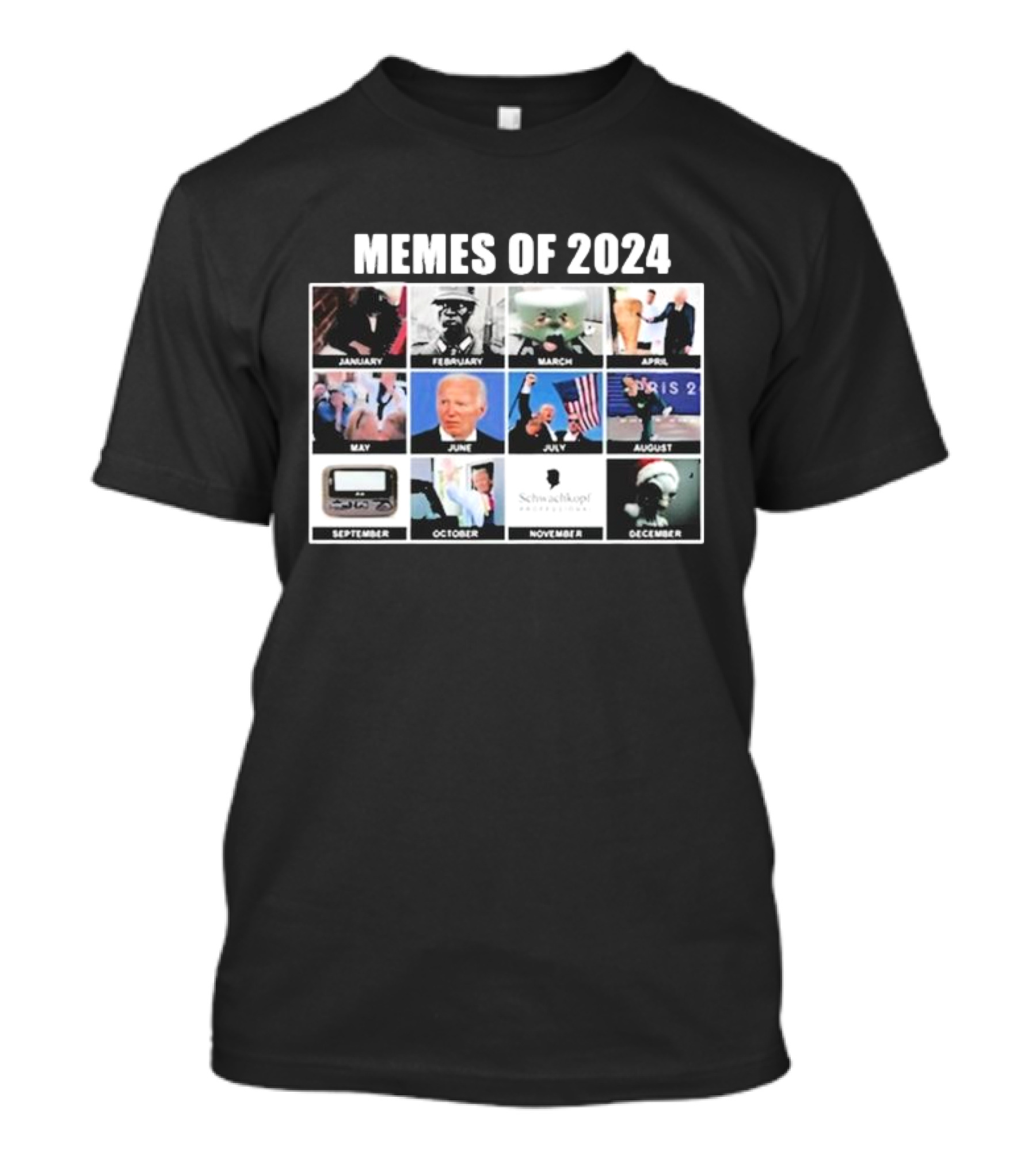 Memes Of 2024 Snicklink Crazy Calendar Featuring Iconic Moments And Figures T-Shirt