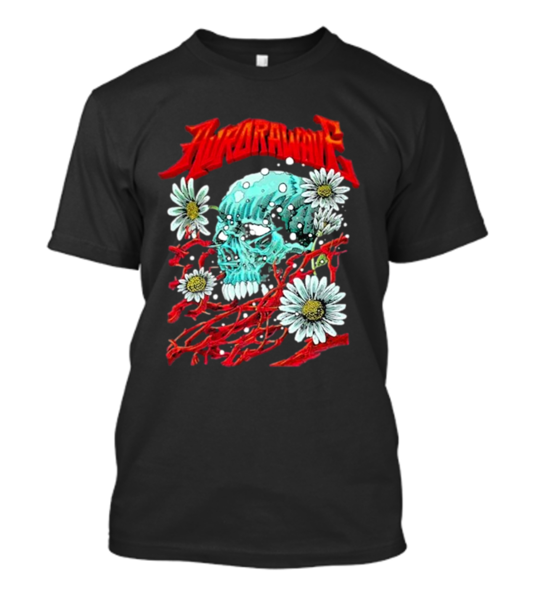 Aurorawave Blooming Skull With Daisies And Red Branches T-Shirt