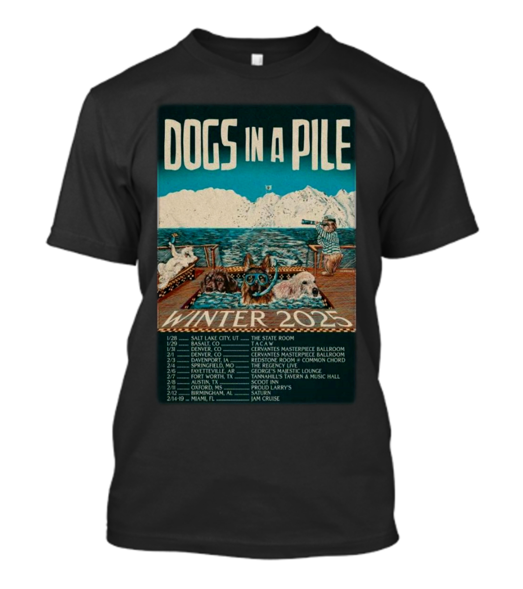 Dogs In A Pile Winter 2025 Tour Dates And Locations Retro Mountain Scene T-Shirt