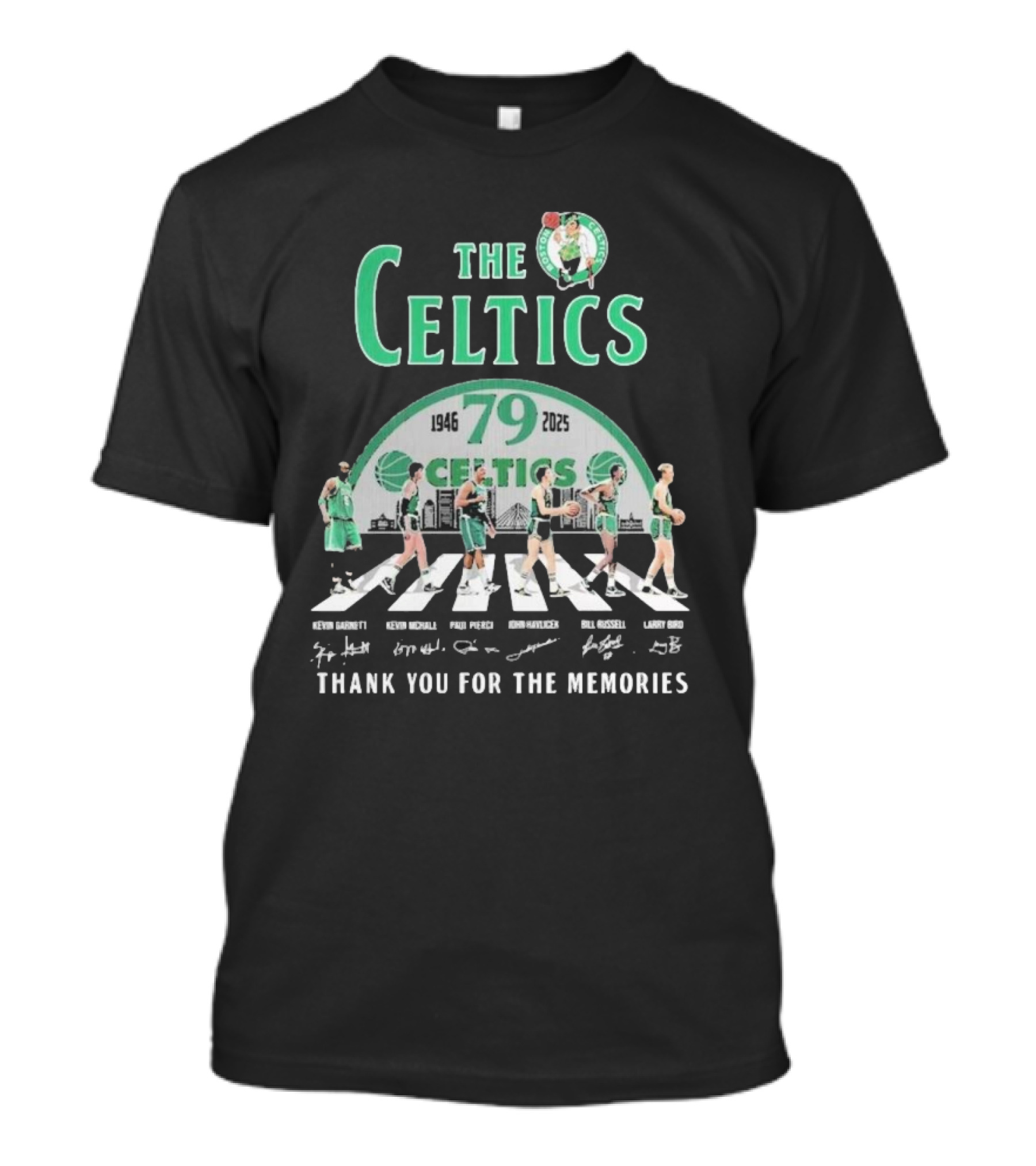 The Celtics 79th Anniversary 1946-2025 Thank You For The Memories With Kevin Garnett Paul Pierce Bill Russell Larry Bird T-Shirt