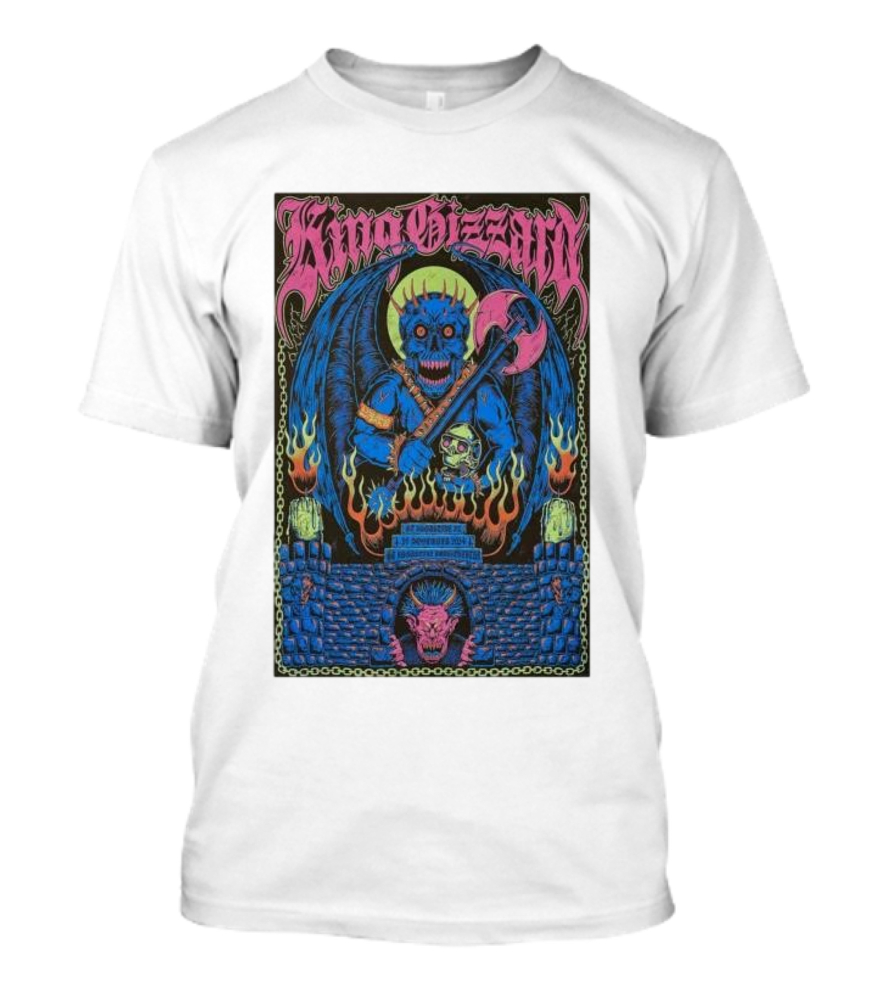 King Gizzard And The Lizard Wizard Show St Augustine FL November 20 2024 Gothic Blue Demon Artwork With Flaming Castle And Skull Axe T-Shirt