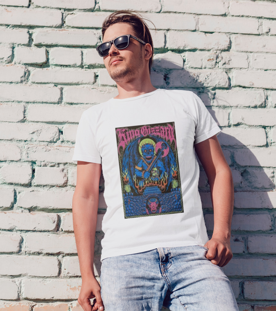 King Gizzard And The Lizard Wizard Show St Augustine FL November 20 2024 Gothic Blue Demon Artwork With Flaming Castle And Skull Axe T-Shirt