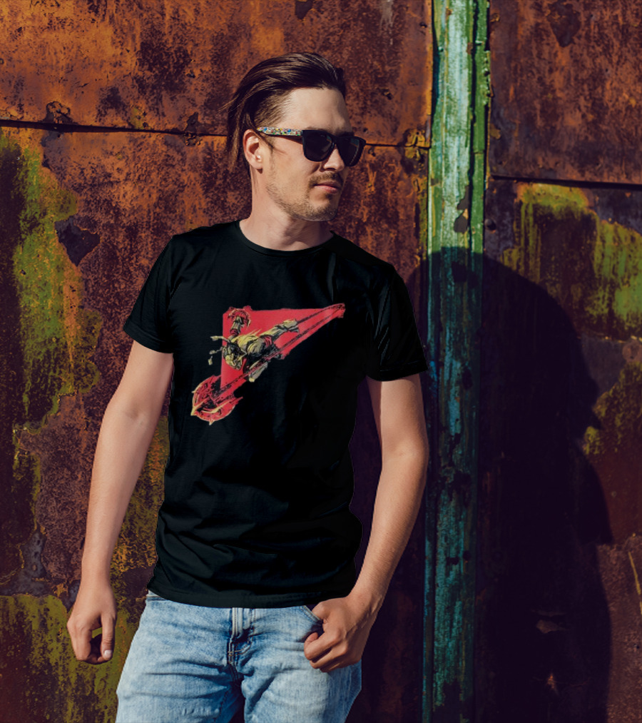 Arcane Ambessa Warrior Riding Battle Axe On Red Triangular Path T-Shirt