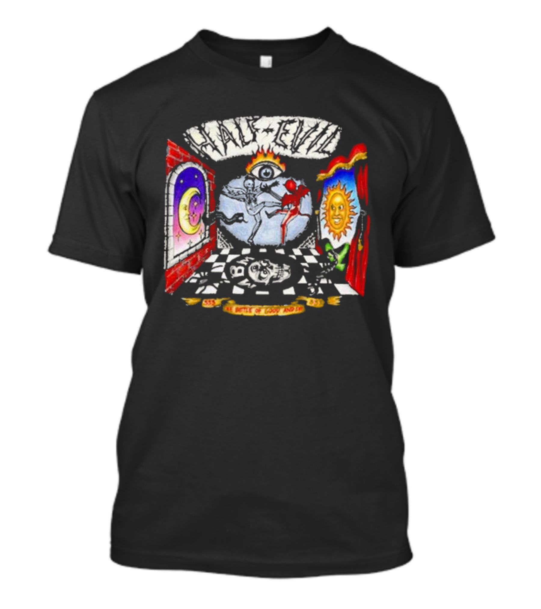 Half Evil 333 Sun Moon Skeleton Dance Battle Of Good Vs Evil T-Shirt