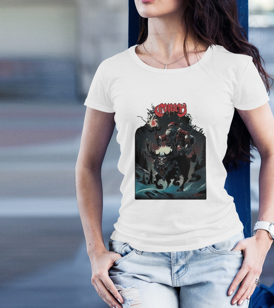 Conan Merry Chrushmas Santa Riding Mythical Beast Torch Dark Forest Scene T-Shirt