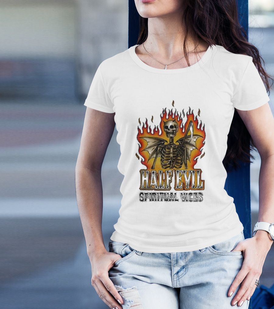 Half Evil Spiritual Vices Flaming Winged Skeleton T-Shirt