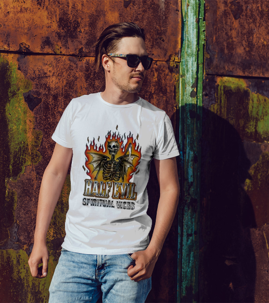 Half Evil Spiritual Vices Flaming Winged Skeleton T-Shirt