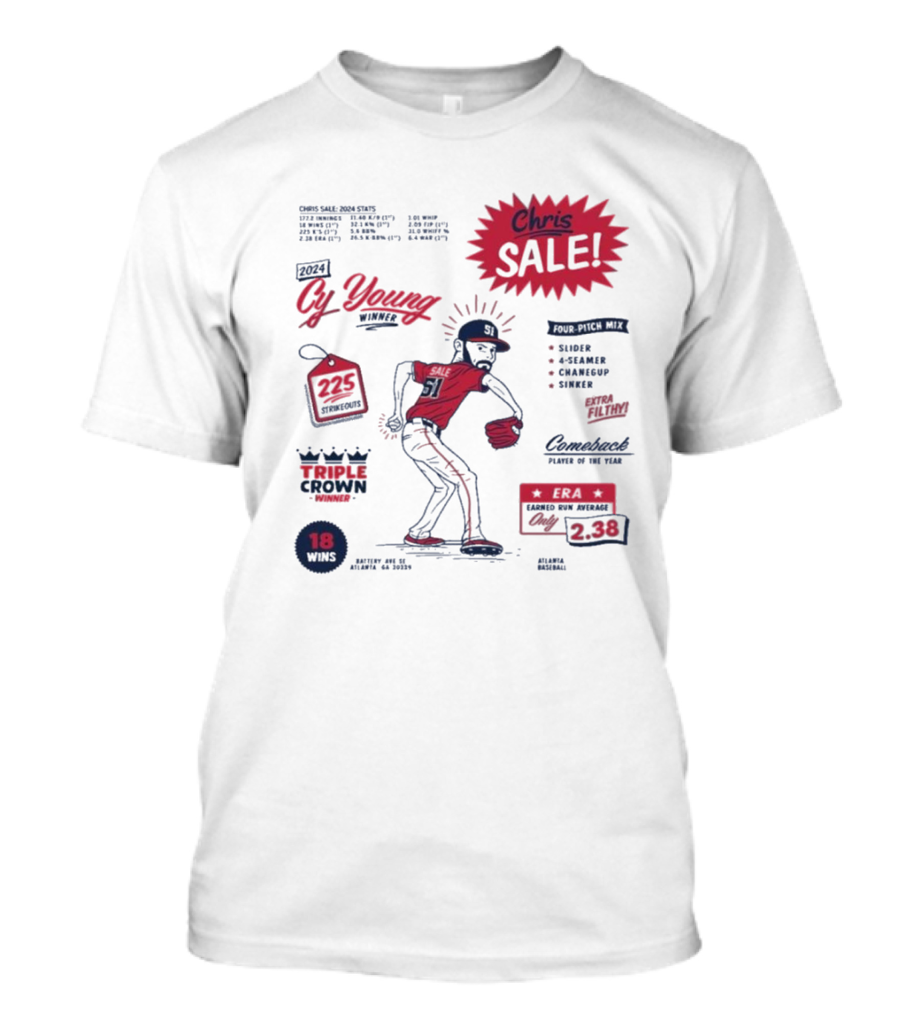 Chris Sale Cy Young Winner 2024 Triple Crown Comeback Player 225 Strikeouts 18 Wins 2.38 ERA T-Shirt