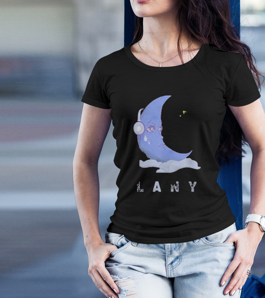 Lany Moon Crying Blue Crescent With Headphones And Clouds T-Shirt