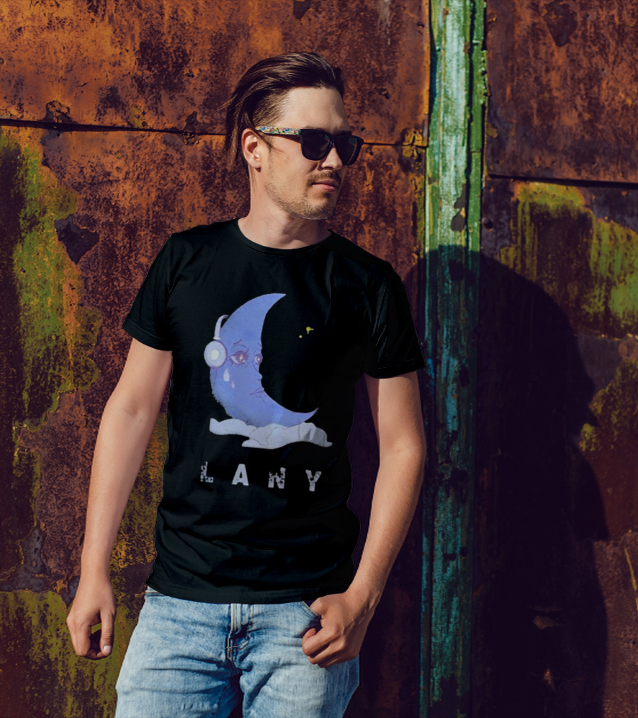 Lany Moon Crying Blue Crescent With Headphones And Clouds T-Shirt