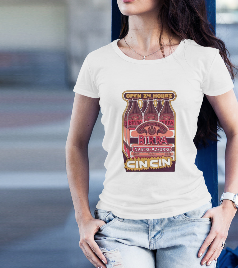 Open 24 Hours Birra Nastro Azzurro 341ml Cin Cin Beer T-Shirt