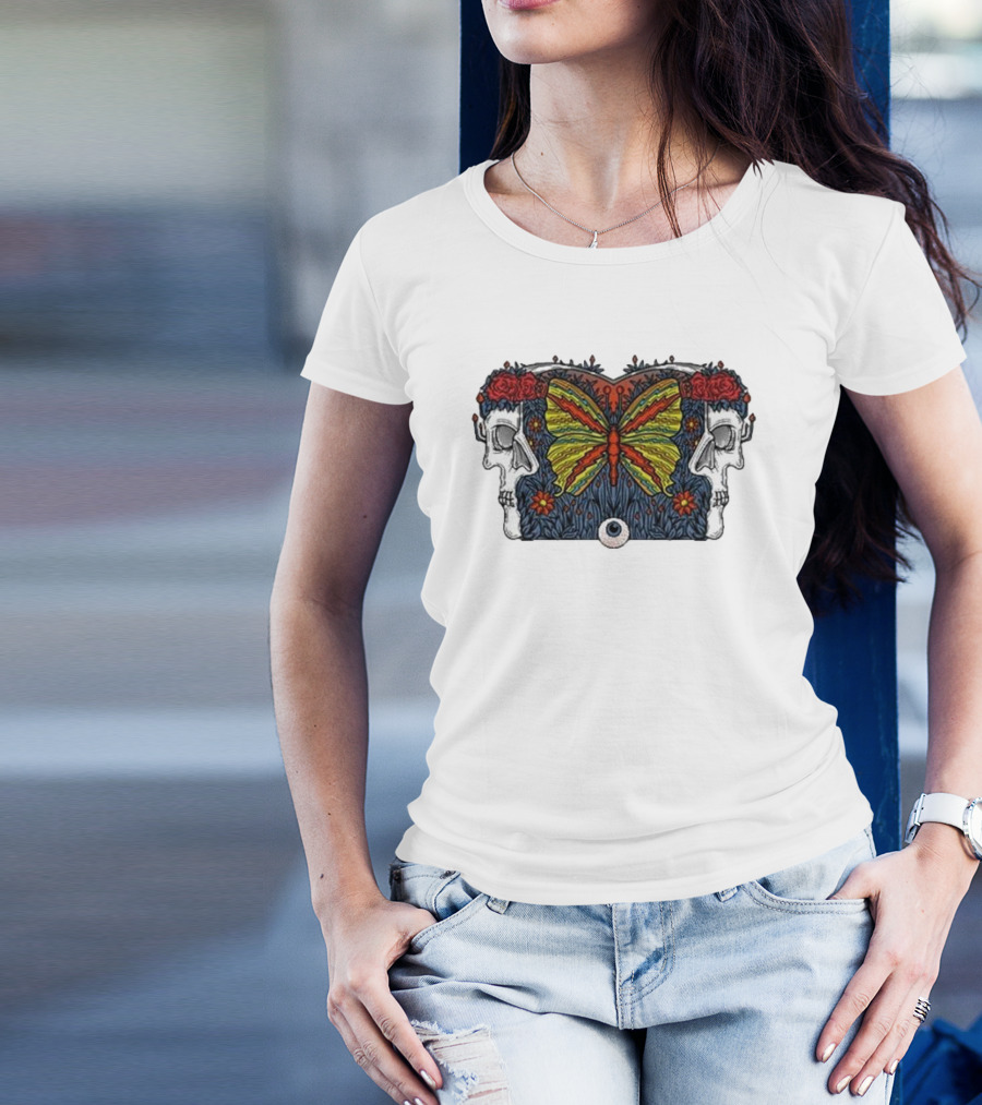 This Old Engine Two Worlds Skull And Butterfly Symmetry With Roses And Floral Elements T-Shirt