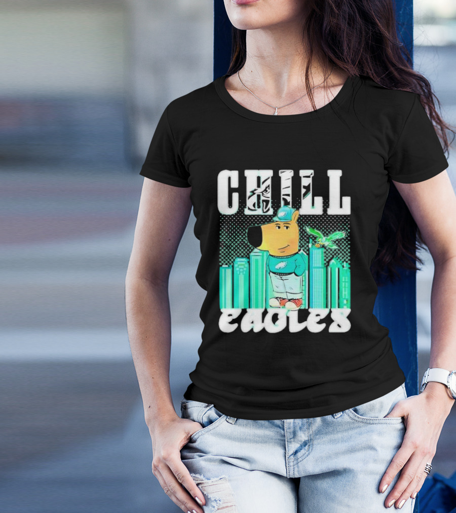 Philadelphia Eagles Chill Character With City Skyline And Cartoon Bird T-Shirt