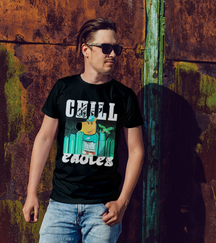 Philadelphia Eagles Chill Character With City Skyline And Cartoon Bird T-Shirt