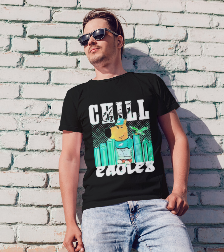 Philadelphia Eagles Chill Character With City Skyline And Cartoon Bird T-Shirt