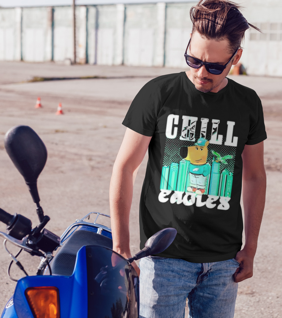 Philadelphia Eagles Chill Character With City Skyline And Cartoon Bird T-Shirt