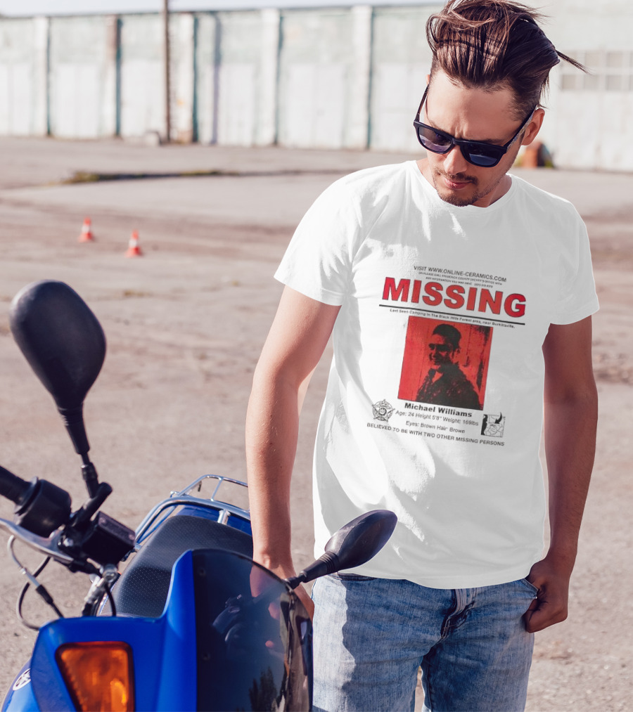 Michael Williams Missing Poster With Black Hills Forest Burkittsville Reference Brown Hair Brown Eyes T-Shirt