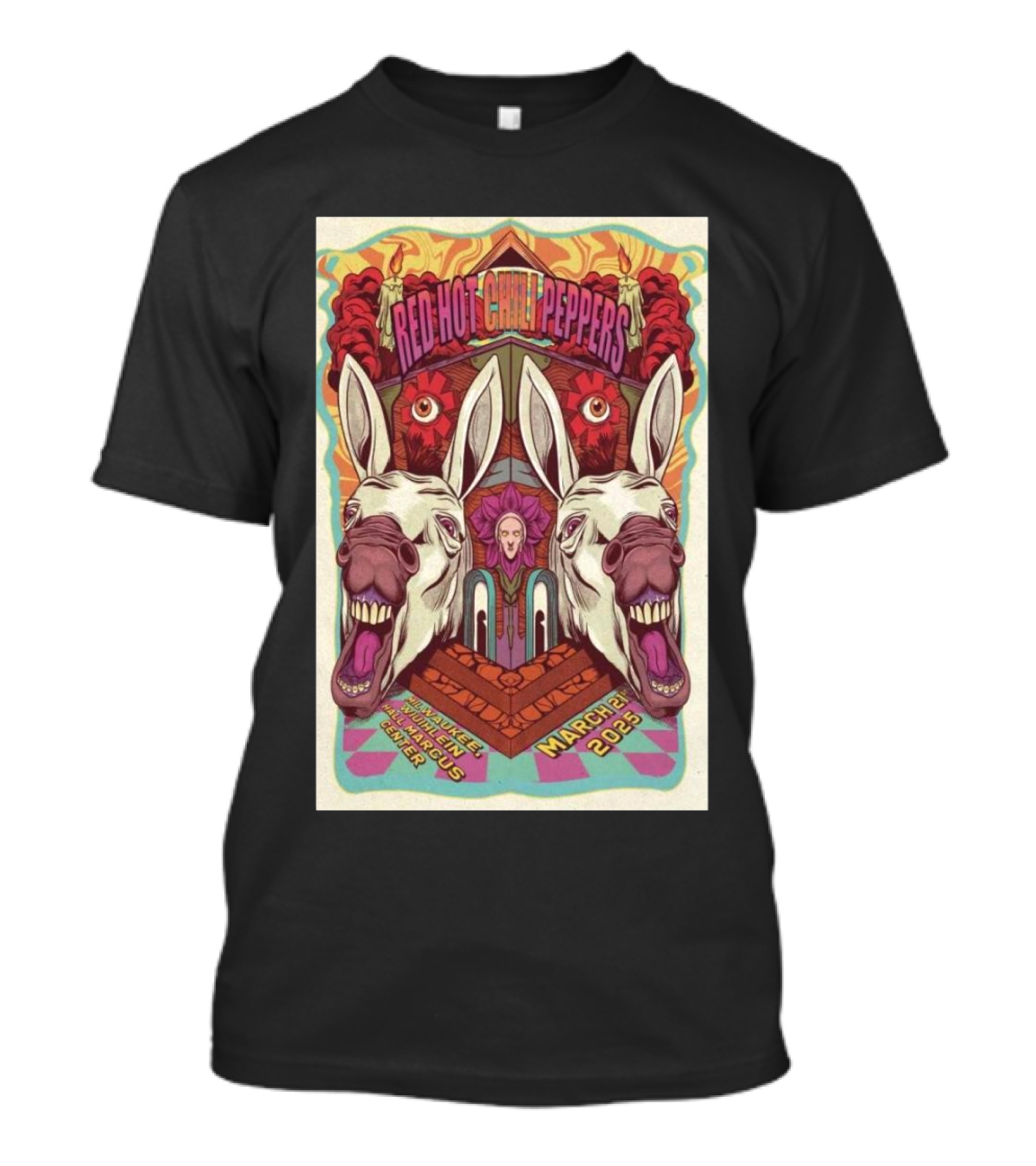 Red Hot Chili Peppers March 2025 Milwaukee WI Tour Poster With Colorful Psychedelic Donkey T-Shirt