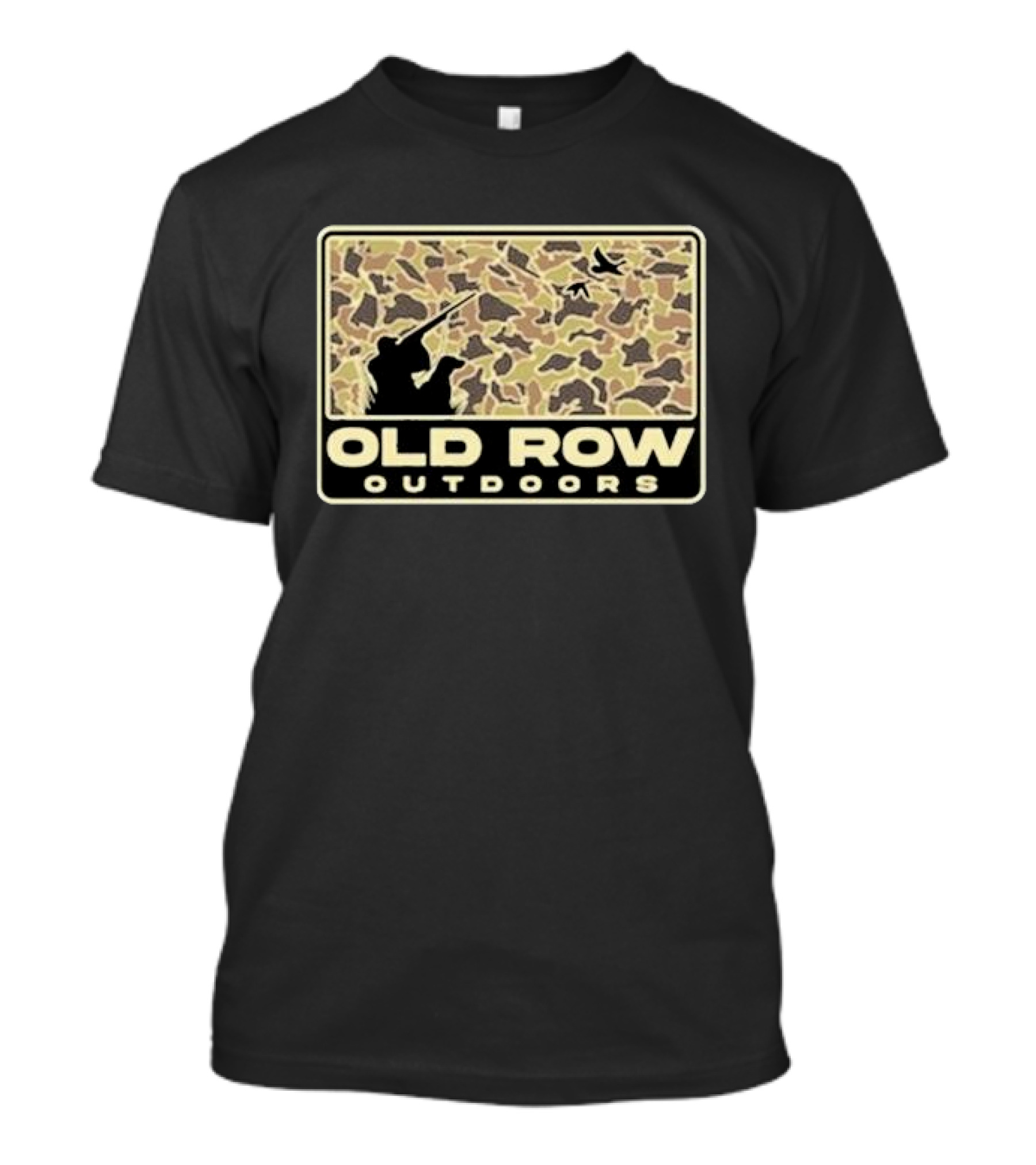 Old Row Outdoors The Duck Dog Camo Hunter Silhouette With Geese T-Shirt