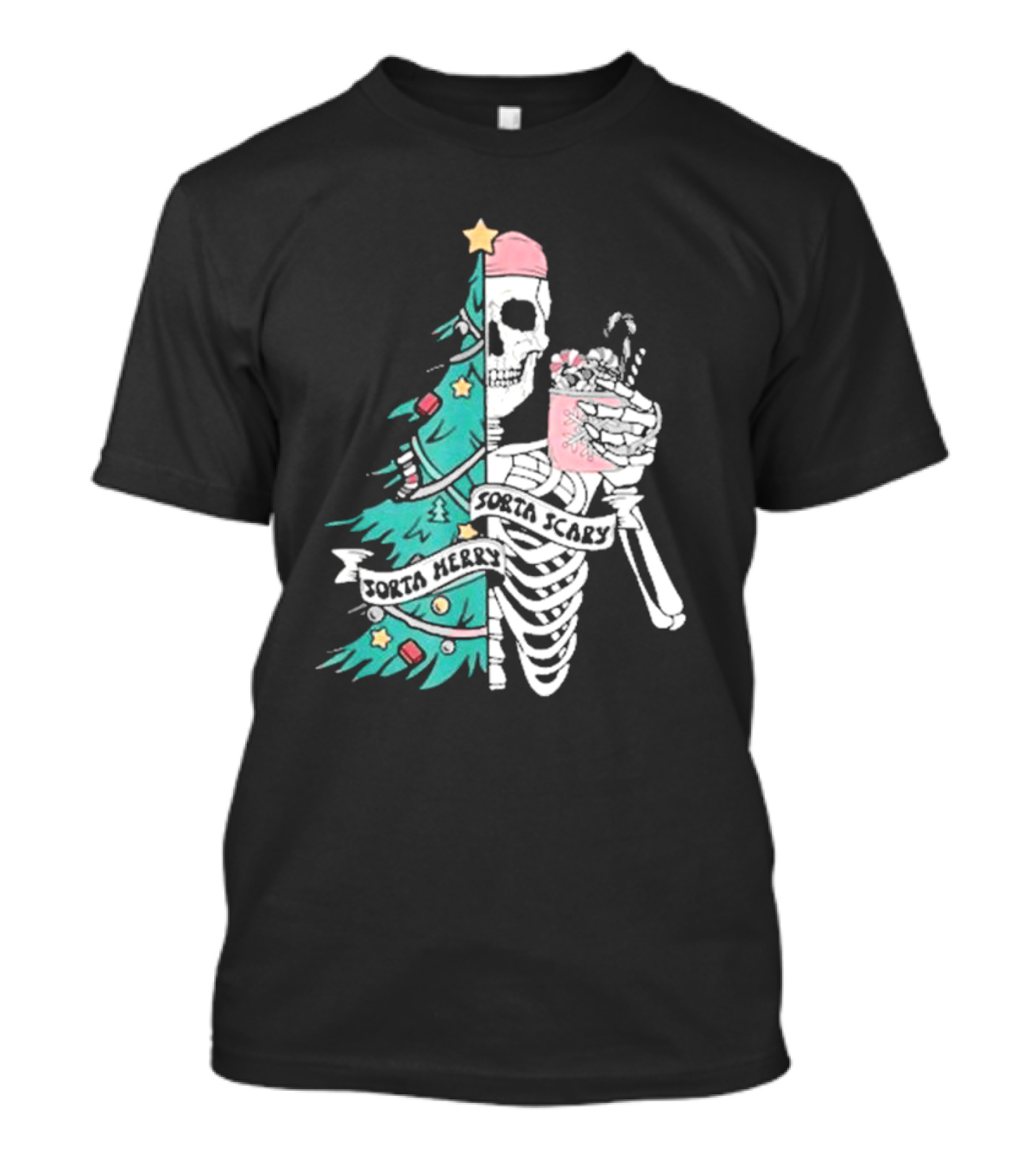 Sorta Merry Sorta Scary Christmas 2024 Skeleton And Tree With Drink T-Shirt