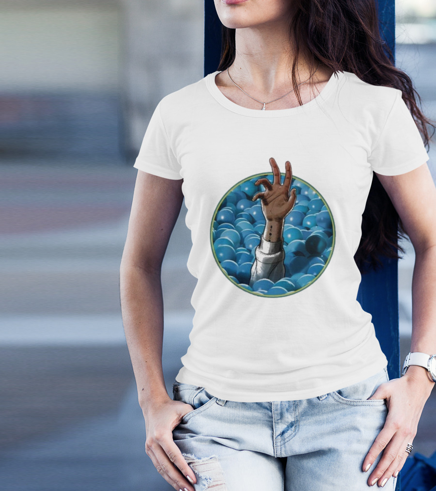 Hand Reaching Out Of Blue Ballpit Sphere T-Shirt