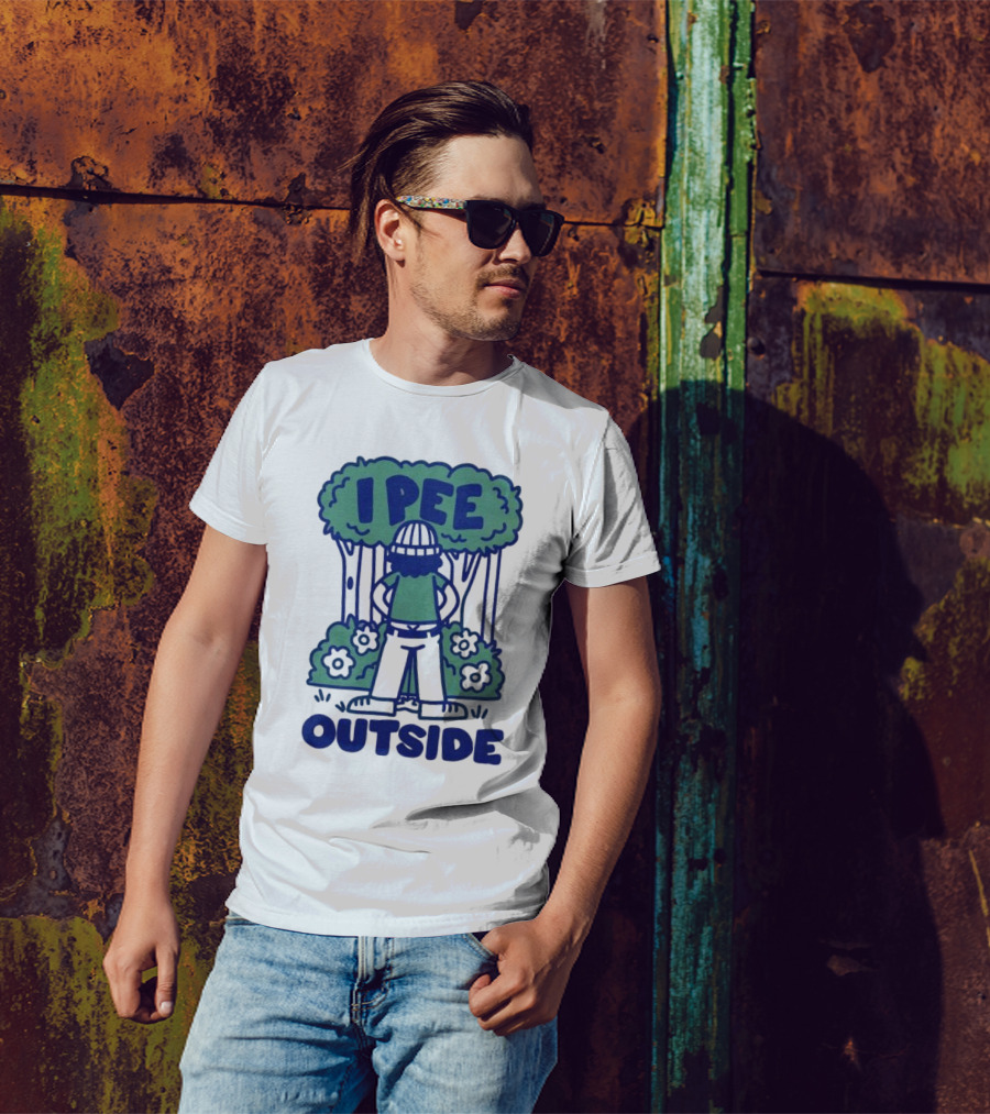 I Pee Outside Camper Cartoon In Forest Surrounded By Trees And Flowers T-Shirt