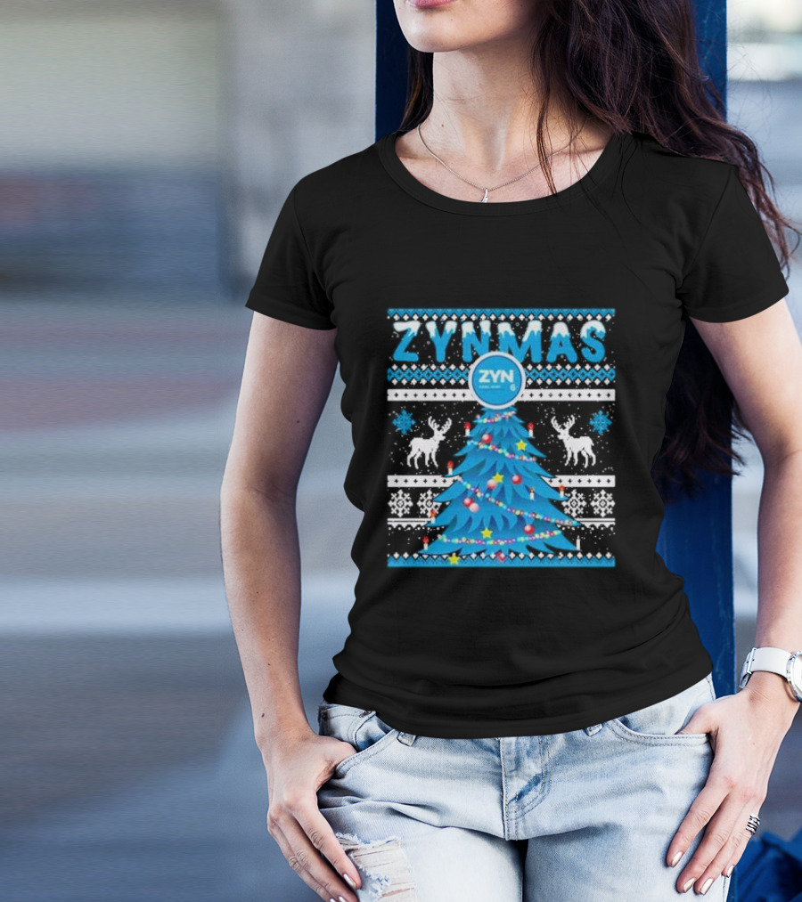 Zynmas ZYN Blue Christmas Tree Reindeer Pattern Snowflakes T-Shirt