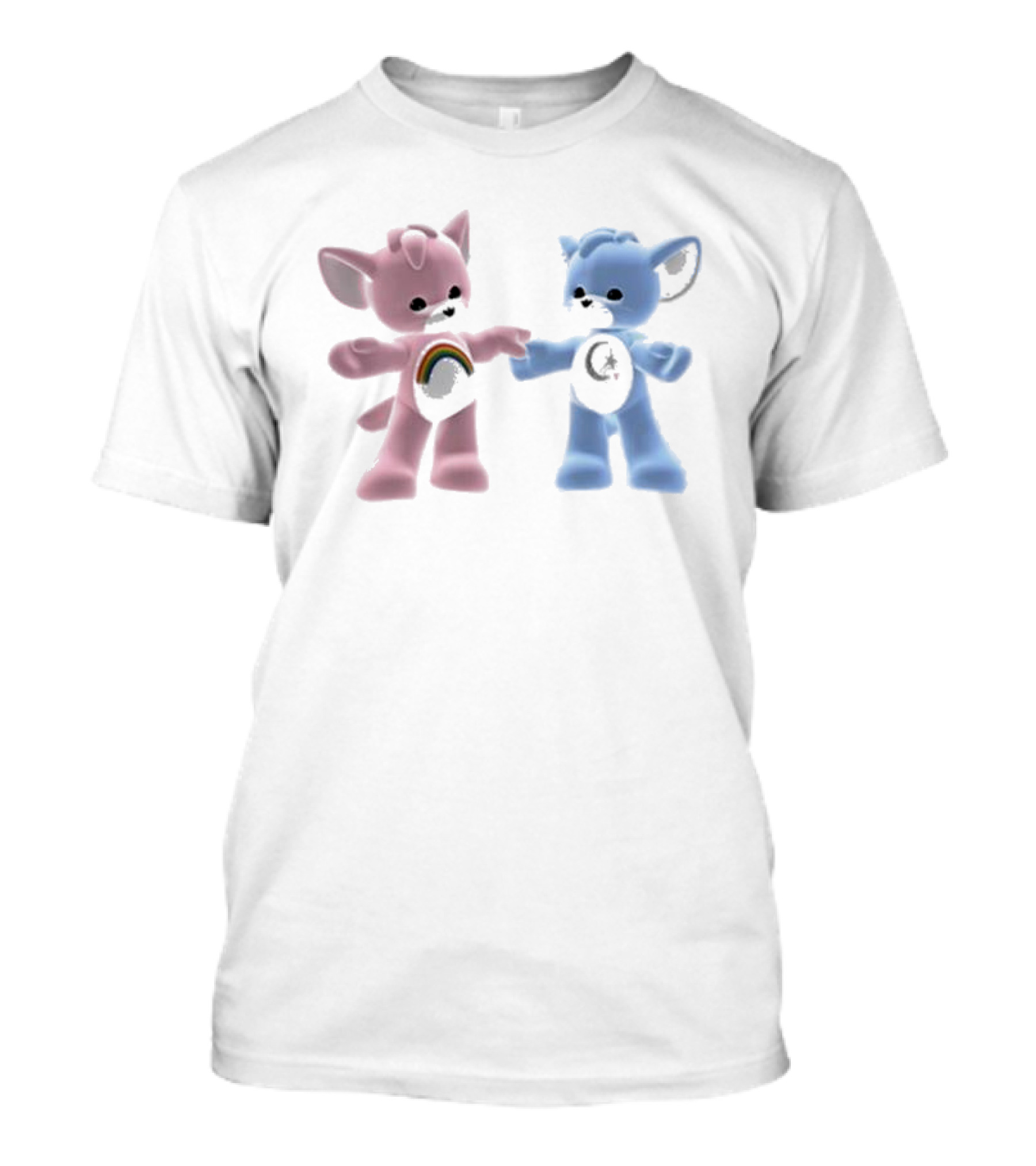 Smgandise Carebear Pink And Blue Cartoon Figures With Rainbow And Moon Symbols T-Shirt