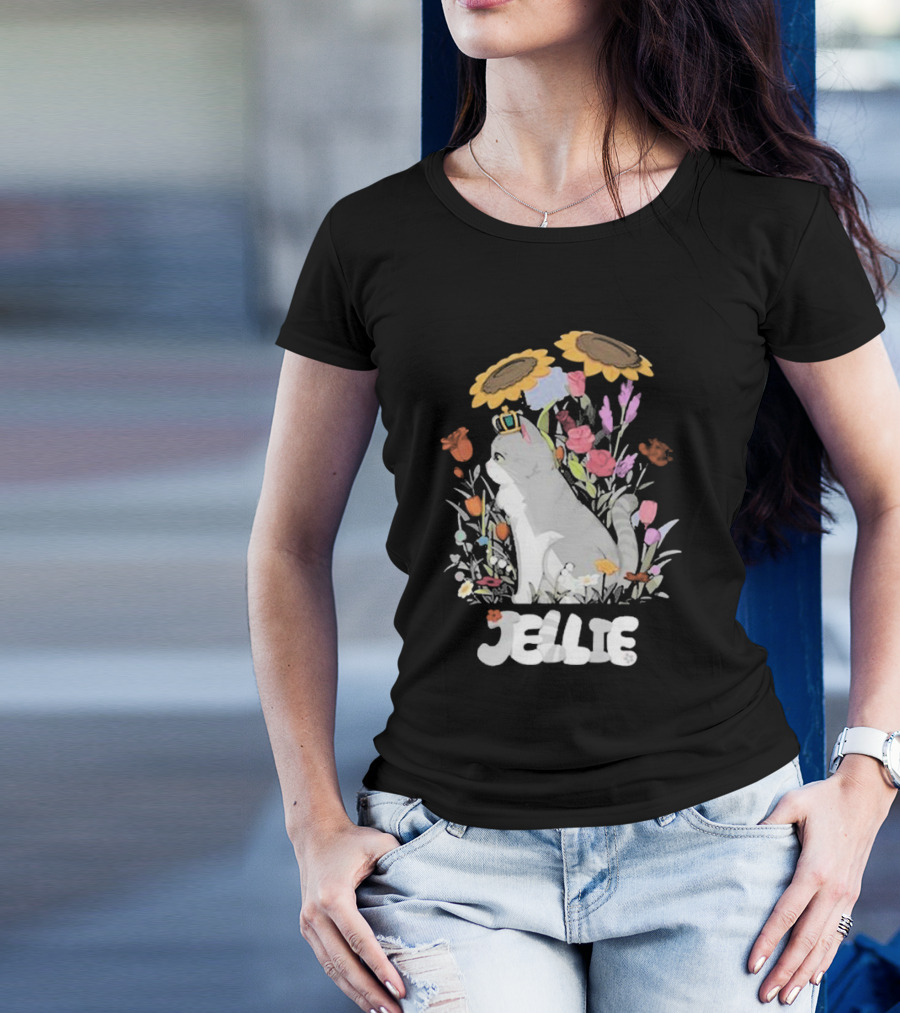 Goodtimeswithscar Jellie Cat In Floral Crown Garden With Sunflowers T-Shirt