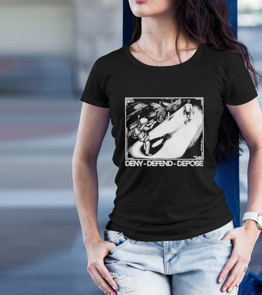 Deny Defend Depose Punk With A Camera Street Confrontation Scene T-Shirt