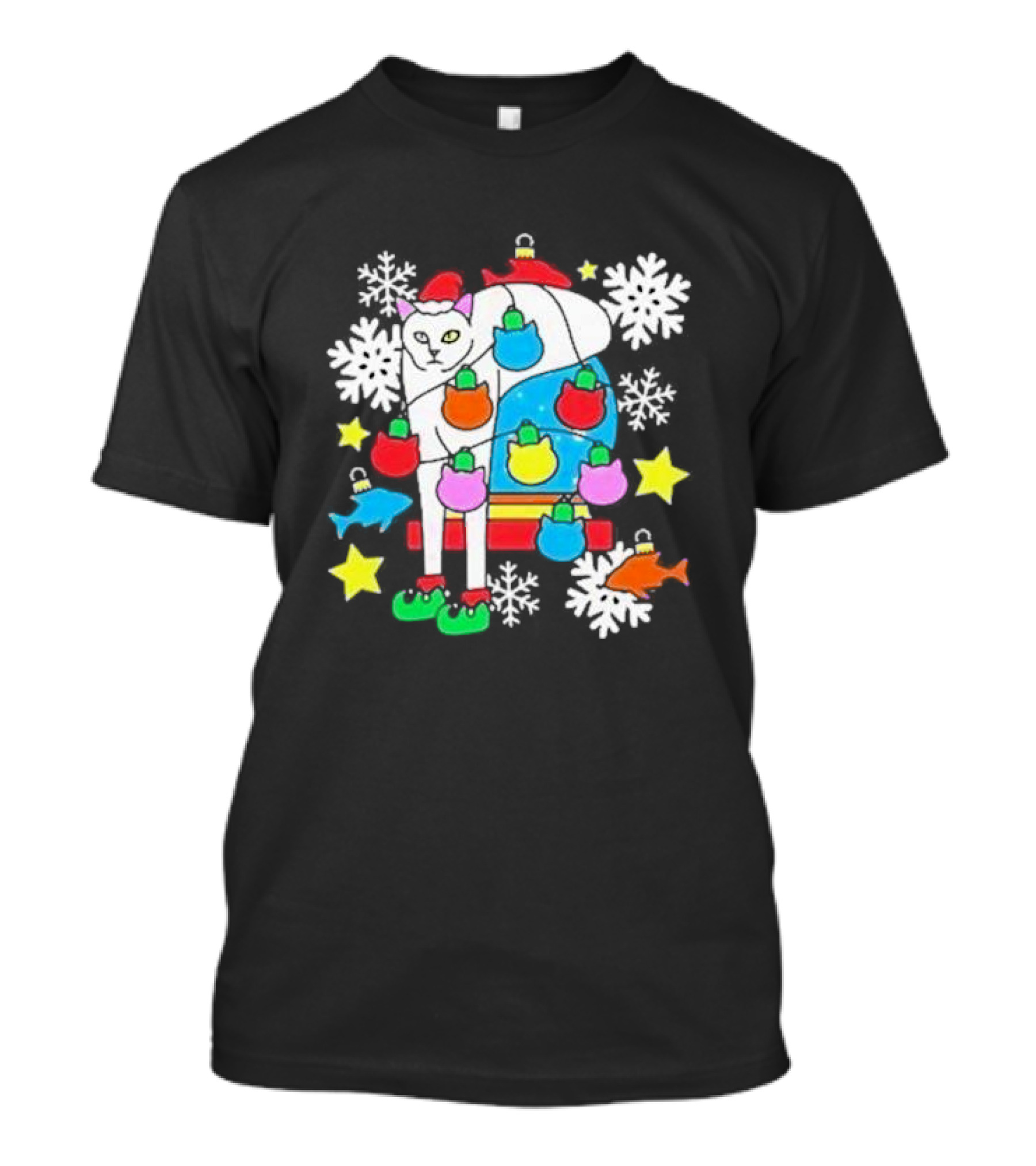 Weird Little Holiday Christmas 2024 Cat With Santa Hat And Colorful Ornaments T-Shirt